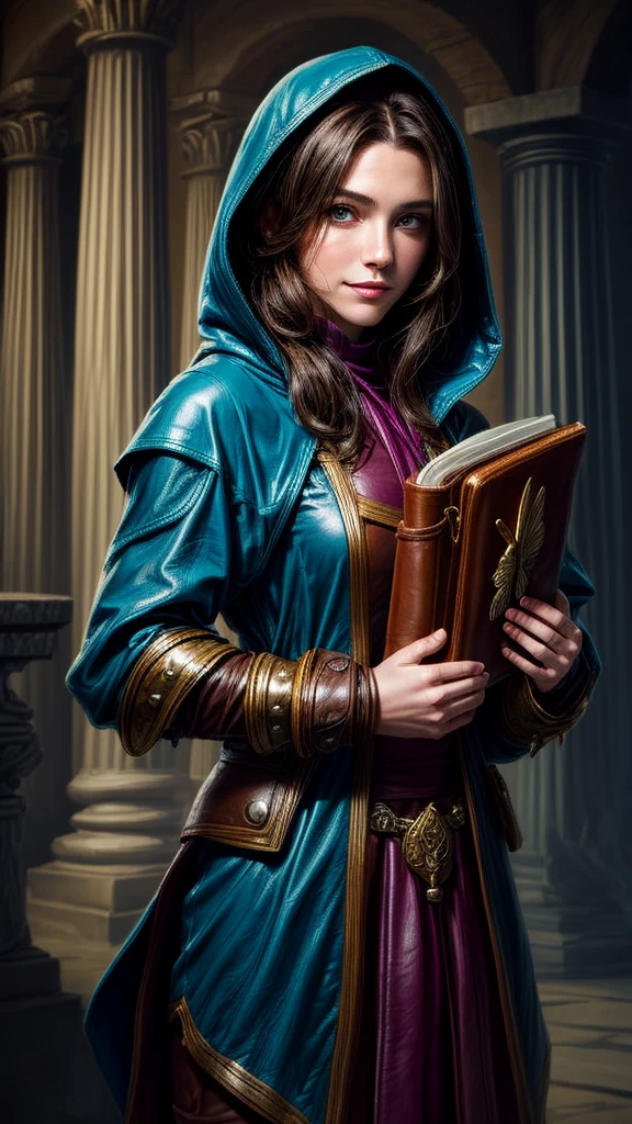 Speed painting of portrait of a fantasy female brunette human adventurer, with a dull blue leather hood, in leather armour, in a temple, D&D character, holding a very large leather bound magical book with butterfly on the book cover, slight smile on face.