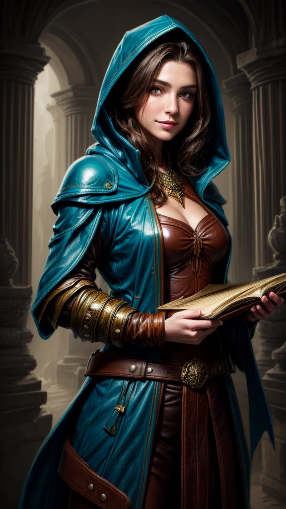 Speed painting of portrait of a fantasy female brunette human adventurer, with a dull blue leather hood, in leather armour, in a temple, D&D character, holding a very large leather bound magical book with butterfly on the book cover, slight smile on face.