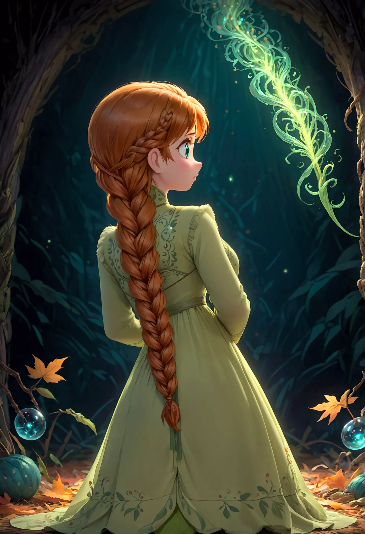 1girl, anna \(frozen\), anna of arendelle, green nightgown, solo, twin braids, braid, orange hair, upper body, long hair, worm l...