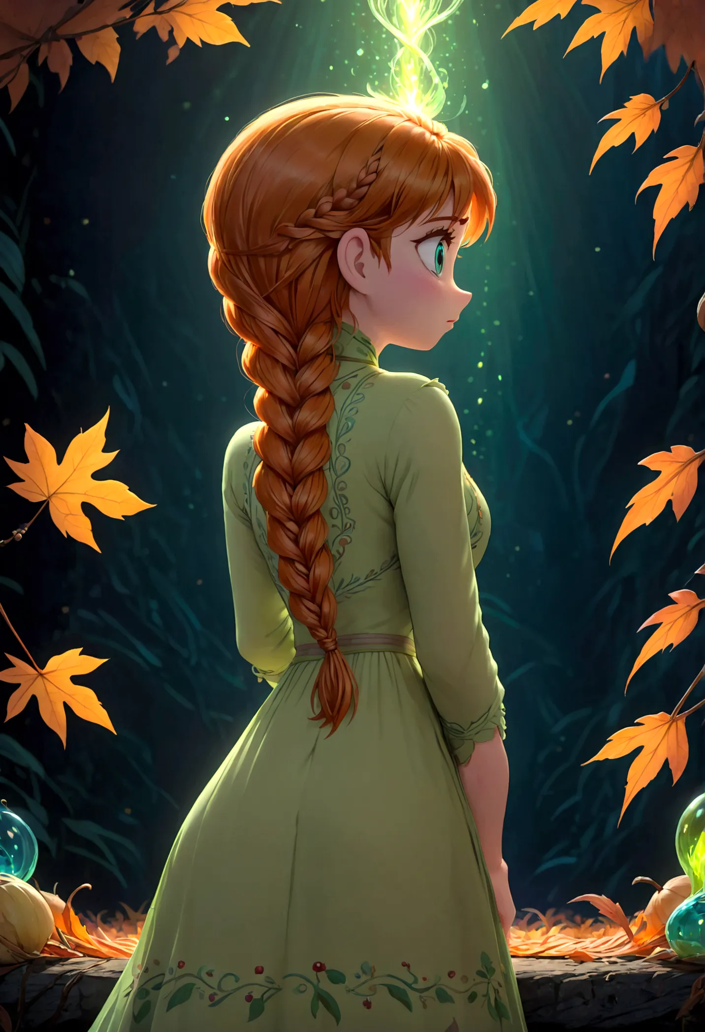 1girl, anna \(frozen\), anna of arendelle, green nightgown, solo, twin braids, braid, orange hair, upper body, long hair, worm l...