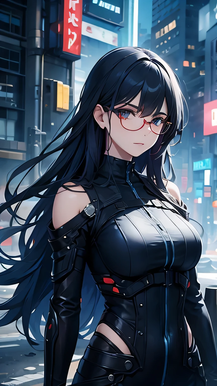 dark blue hair, long hair, swept bangs, jewelry, hairpods, rimless eyewear, cinematic lighting, UHD, masterpiece, accurate, high quality, highres, best quality, high details, super detail, off-Shoulder, (red bodysuit), science fiction, cyberpunk, ruined city, buildings, midnight, (arms crossed)