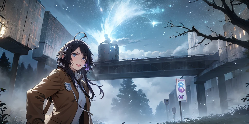 MC, ahoge, (long hari, purple hair:1.3), hair ornament, dark-blue eyes, anatomically correct, heavy breathing, mature female, sky, solo, night, night_sky, star_(sky), starry_sky, 1girl, outdoors, coat, fog, steaming body, cloud, tree, jacket, mountain, winter, bare_tree, necktie, standing, shirt, long_sleeves, brown_coat, brown_jacket, breath, scenery, mountainous_horizon, cloudy_sky, open_clothes, open_coat, bokeh, spotlight, milky way, hollow eyes, bright pupils, dark-blue eyes, looking at viewer. glowing eyes heavy breathing, seductive smile, (steaming face:1.3), blush face, lips,