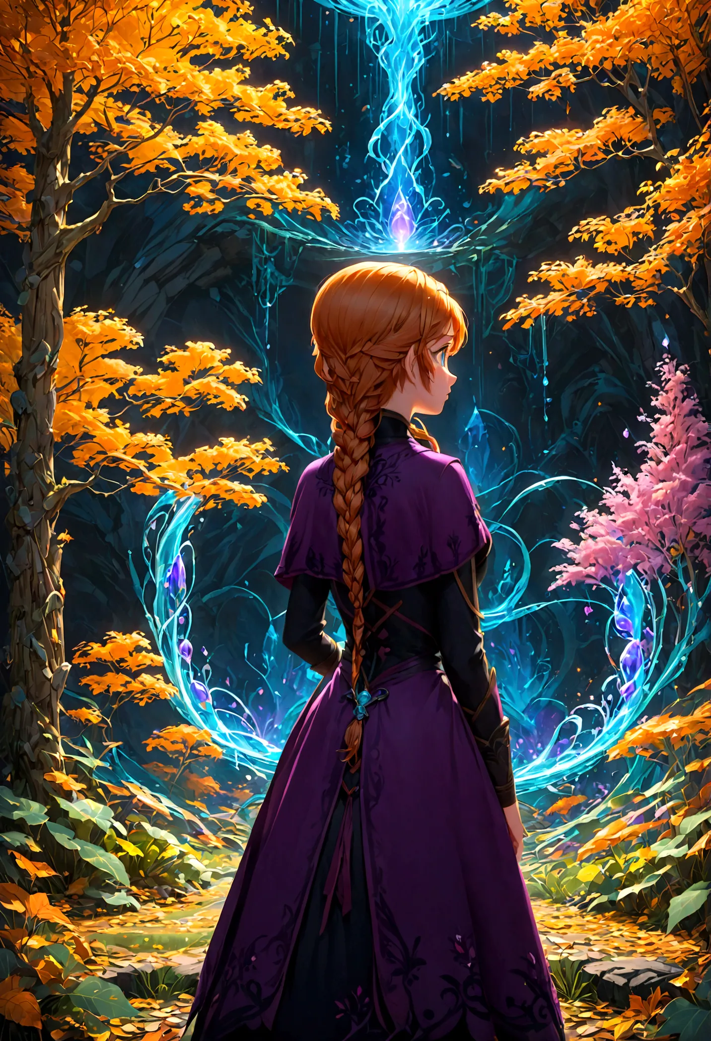 1girl, anna \(frozen\), anna of arendelle, black boots, black tunic purple cloak, solo, twin braids, braid, orange hair, upper b...