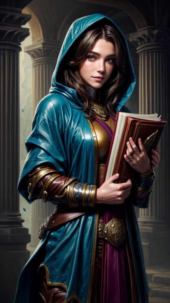 Speed painting of portrait of a fantasy female brunette human adventurer, with a dull blue leather hood, in leather armour, in a temple, D&D character, holding a very large leather bound magical book with butterfly on the book cover, slight smile on face.