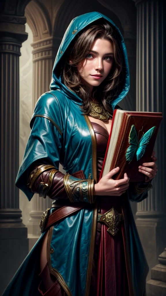 Speed painting of portrait of a fantasy female brunette human adventurer, with a dull blue leather hood, in leather armour, in a temple, D&D character, holding a very large leather bound magical book with butterfly on the book cover, slight smile on face.