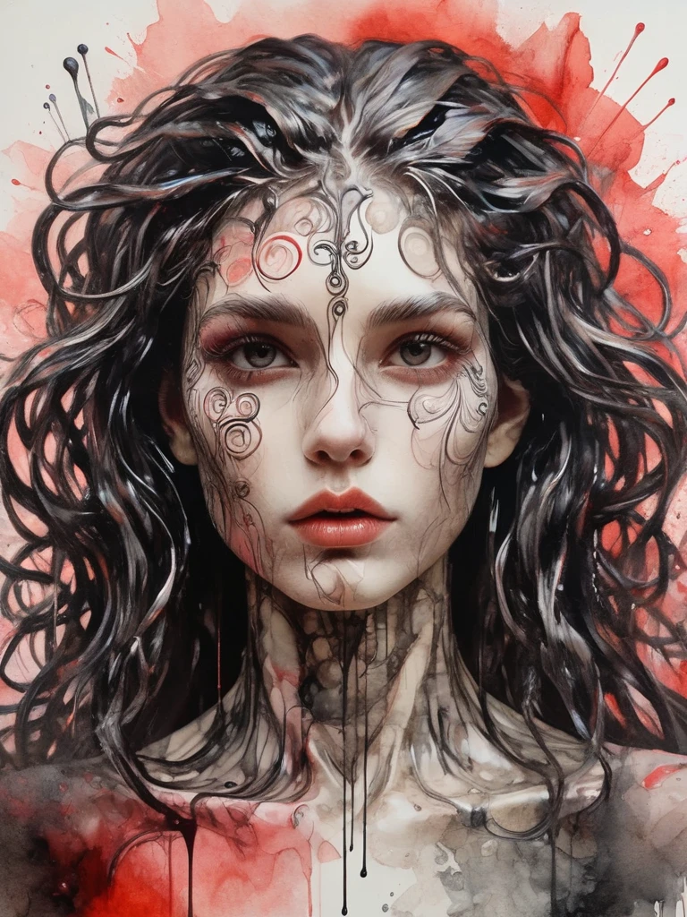 8K, rgb, hdr, pinturas de aceite, acuarelas, colores saturados brillantes, Anna Razumovskaya, Jarek Kubicki, Aleksi Brilo, Darek Zabrotsky, sakimichan, lois, Aminola Rezai, foto CRUDA, negro, dark Rojo, de cerca, Retrato de Medusa, mixed media collage. text with inscription "eloise", hermoso rostro. calligraphy, Gouache Wash, Boceto a pluma, lineas finas, Vintage illustration style. negro, blanco, Rosa coral, Rojo, pelo rubio, beautiful patterns  ral-negrolight