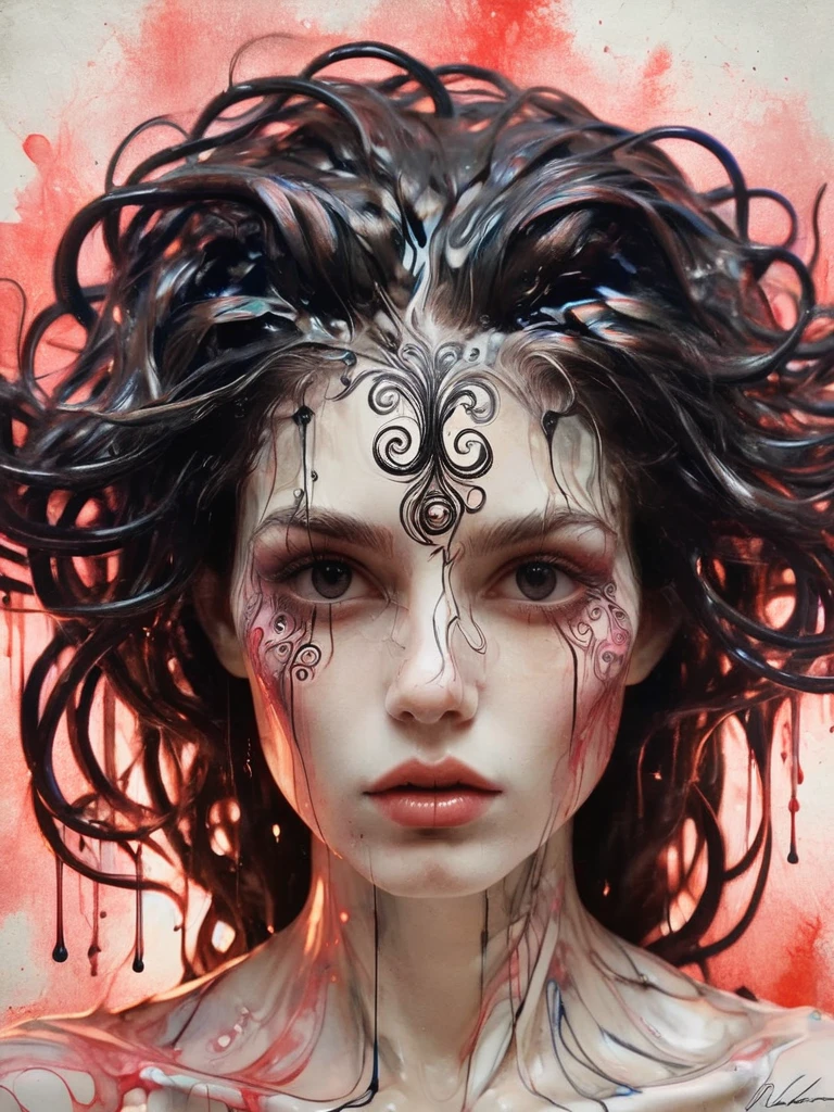 8K, rgb, hdr, pinturas de aceite, acuarelas, colores saturados brillantes, Anna Razumovskaya, Jarek Kubicki, Aleksi Brilo, Darek Zabrotsky, sakimichan, lois, Aminola Rezai, foto CRUDA, negro, dark Rojo, de cerca, Retrato de Medusa, mixed media collage. text with inscription "eloise", hermoso rostro. calligraphy, Gouache Wash, Boceto a pluma, lineas finas, Vintage illustration style. negro, blanco, Rosa coral, Rojo, pelo rubio, beautiful patterns  ral-negrolight