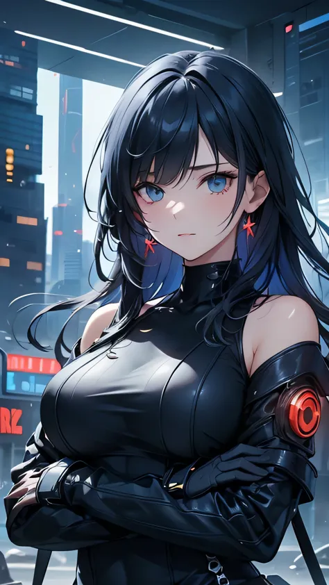 dark blue hair, long hair, swept bangs, jewelry, hairpods, cinematic lighting, UHD, masterpiece, accurate, high quality, highres...