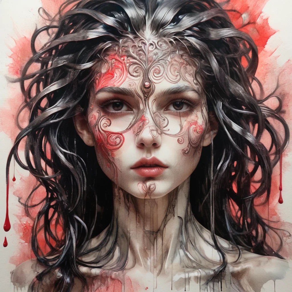 8K, rgb, hdr, pinturas de aceite, acuarelas, colores saturados brillantes, Anna Razumovskaya, Jarek Kubicki, Aleksi Brilo, Darek Zabrotsky, sakimichan, lois, Aminola Rezai, foto CRUDA, negro, dark Rojo, de cerca, Retrato de Medusa, mixed media collage. text with inscription "eloise", hermoso rostro. calligraphy, Gouache Wash, Boceto a pluma, lineas finas, Vintage illustration style. negro, blanco, Rosa coral, Rojo, pelo rubio, beautiful patterns  ral-negrolight