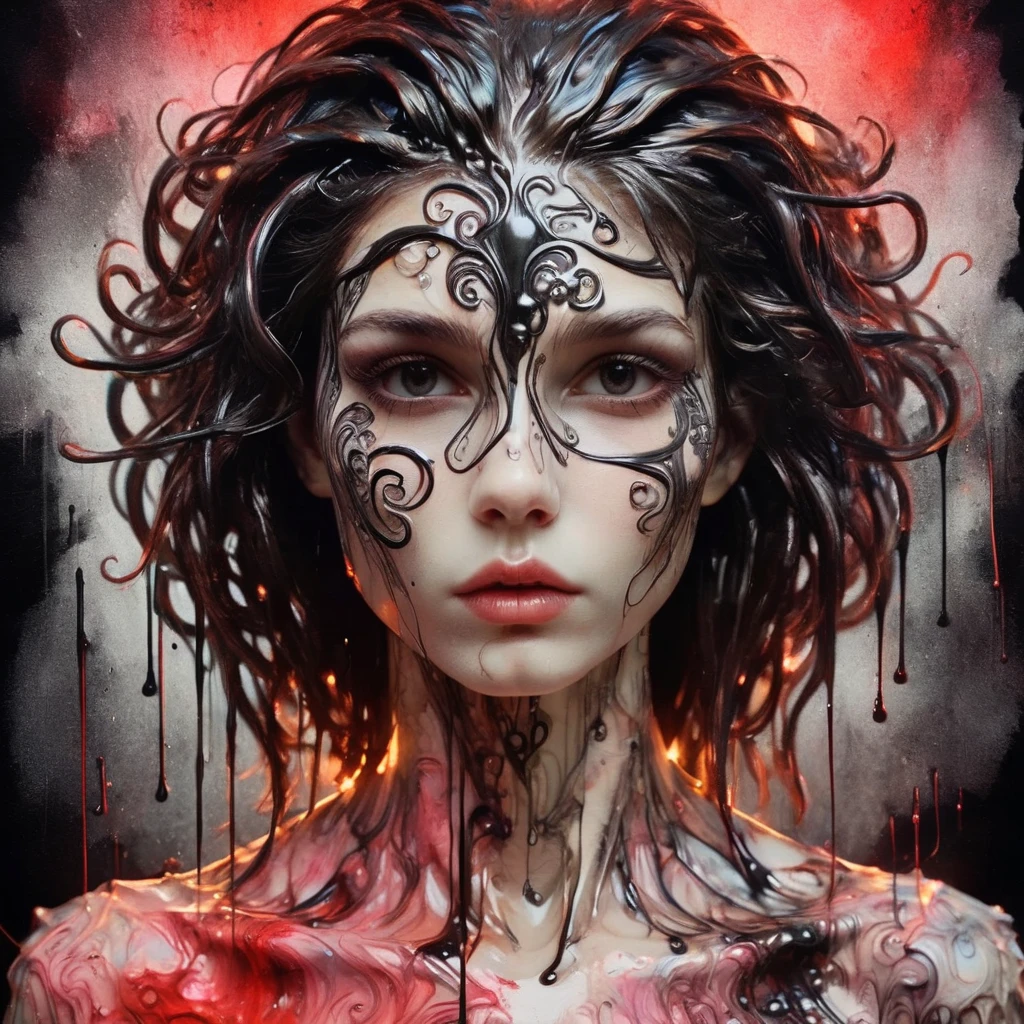 8K, rgb, hdr, pinturas de aceite, acuarelas, colores saturados brillantes, Anna Razumovskaya, Jarek Kubicki, Aleksi Brilo, Darek Zabrotsky, sakimichan, lois, Aminola Rezai, foto CRUDA, negro, dark Rojo, de cerca, Retrato de Medusa, mixed media collage. text with inscription "eloise", hermoso rostro. calligraphy, Gouache Wash, Boceto a pluma, lineas finas, Vintage illustration style. negro, blanco, Rosa coral, Rojo, pelo rubio, beautiful patterns  ral-negrolight