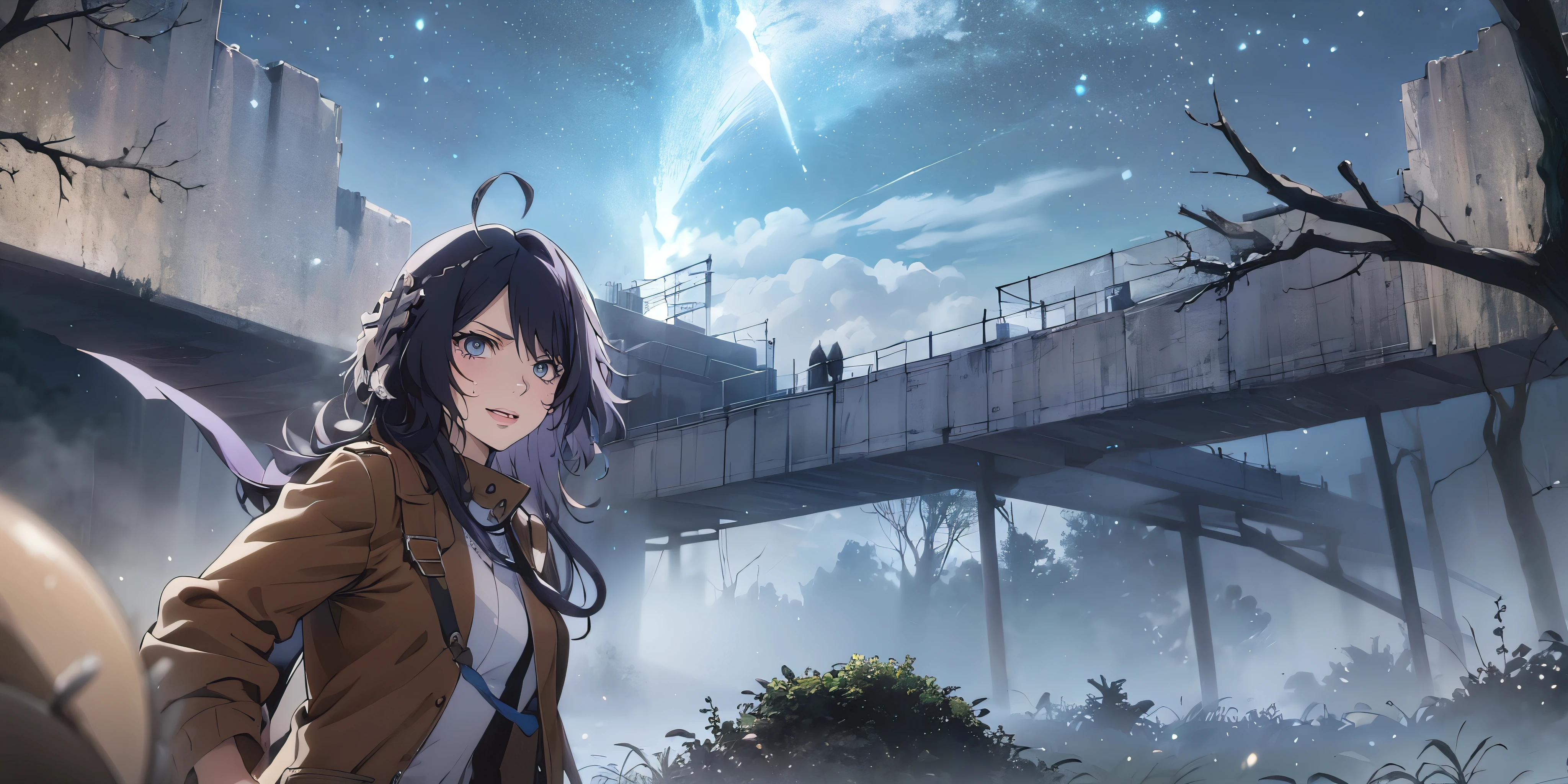 MC, ahoge, (long hari, purple hair:1.3), hair ornament, dark-blue eyes, anatomically correct, heavy breathing, mature female, sky, solo, night, night_sky, star_(sky), starry_sky, 1girl, outdoors, coat, fog, steaming body, cloud, tree, jacket, mountain, winter, bare_tree, necktie, standing, shirt, long_sleeves, brown_coat, brown_jacket, breath, scenery, mountainous_horizon, cloudy_sky, open_clothes, open_coat, bokeh, spotlight, milky way, hollow eyes, bright pupils, dark-blue eyes, looking at viewer. glowing eyes heavy breathing, seductive smile, (steaming face:1.3), blush face, lips,