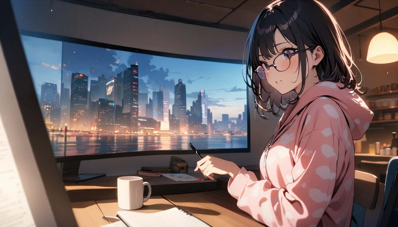 A beautiful female college student, By the window, Large screen, Stare at the video on the screen, cafe, window leading to white desk, city view, high place,  overlooking the cityscape, notebook, holding a pen and a mug, glasses, black hair, midsummer loungewear, ((flank skin)), intellectual atmosphere, lighting, knowledge, scholarship, study tools, enthusiasm, calm environment, enthusiasm, immersion, inquisitiveness, research,　concentration, sense of accomplishment, cinematic lighting, Sony FE GM, masterpiece, top quality, 4K, academic atmosphere, (masterpiece), (best quality), ultra-high res, sharp focus, beautiful detailed hair
