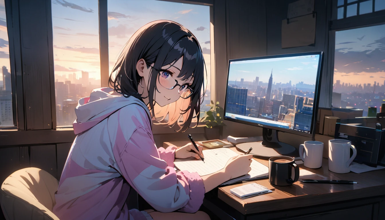 A beautiful female college student, By the window, Large screen, Stare at the video on the screen, cafe, window leading to white desk, city view, high place,  overlooking the cityscape, notebook, holding a pen and a mug, glasses, black hair, midsummer loungewear, ((flank skin)), intellectual atmosphere, lighting, knowledge, scholarship, study tools, enthusiasm, calm environment, enthusiasm, immersion, inquisitiveness, research,　concentration, sense of accomplishment, cinematic lighting, Sony FE GM, masterpiece, top quality, 4K, academic atmosphere, (masterpiece), (best quality), ultra-high res, sharp focus, beautiful detailed hair
