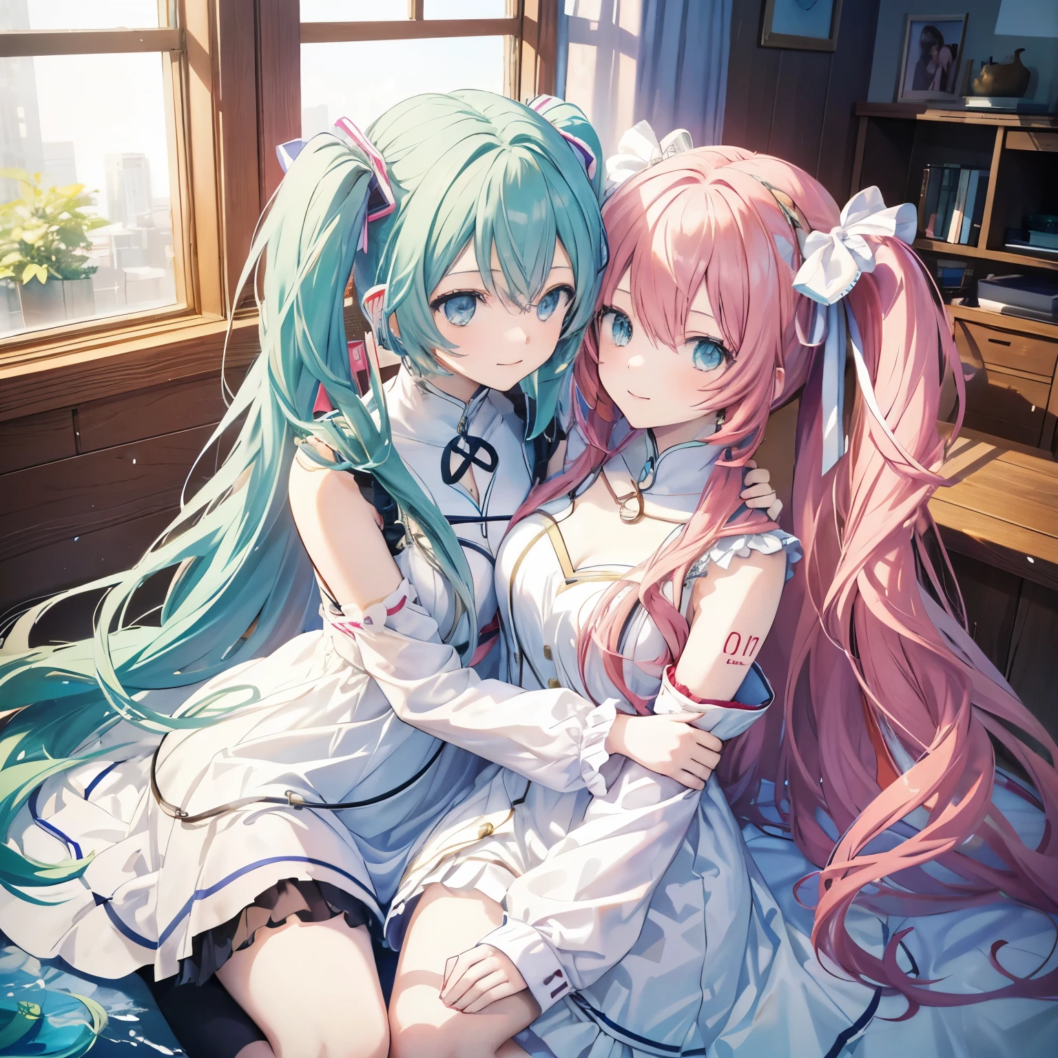 初音未來、巡音盧卡、兩個女孩、微笑、看這裡、穿着浅白色连衣裙、他們互相擁抱、坐著