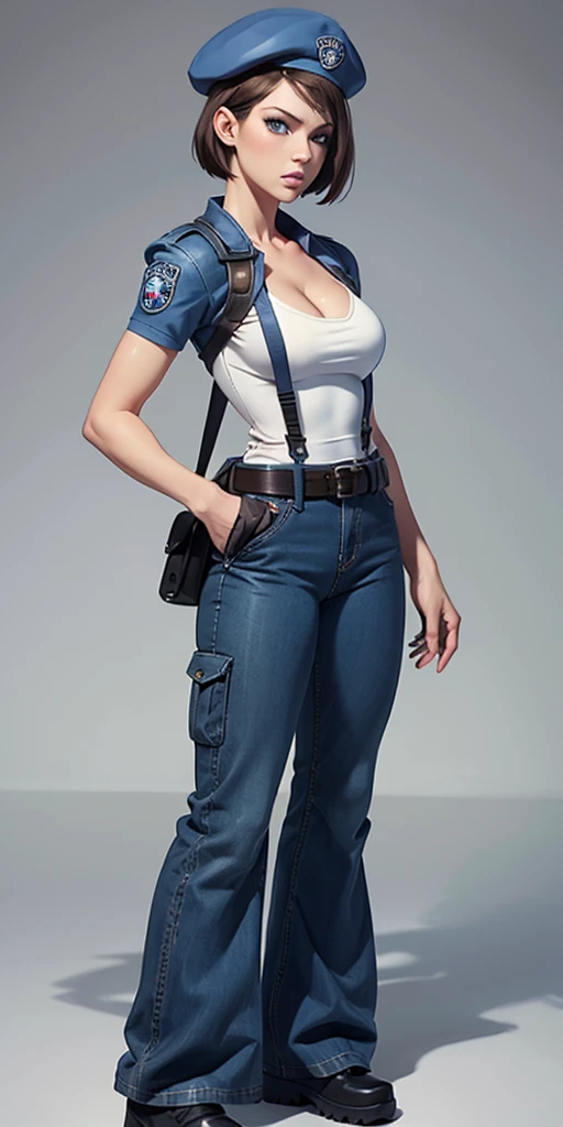 Jill Valentine, masterpiece, best quality, 1girl, solo, standing, jillre1, beret, uniform, shoulder pads, short sleeves, harness, belt, bell-bottom blue pants(Wide flares on pants:1.2), cleavage, black combat boots, full body, perfect blue eyes, perfect red mouth,