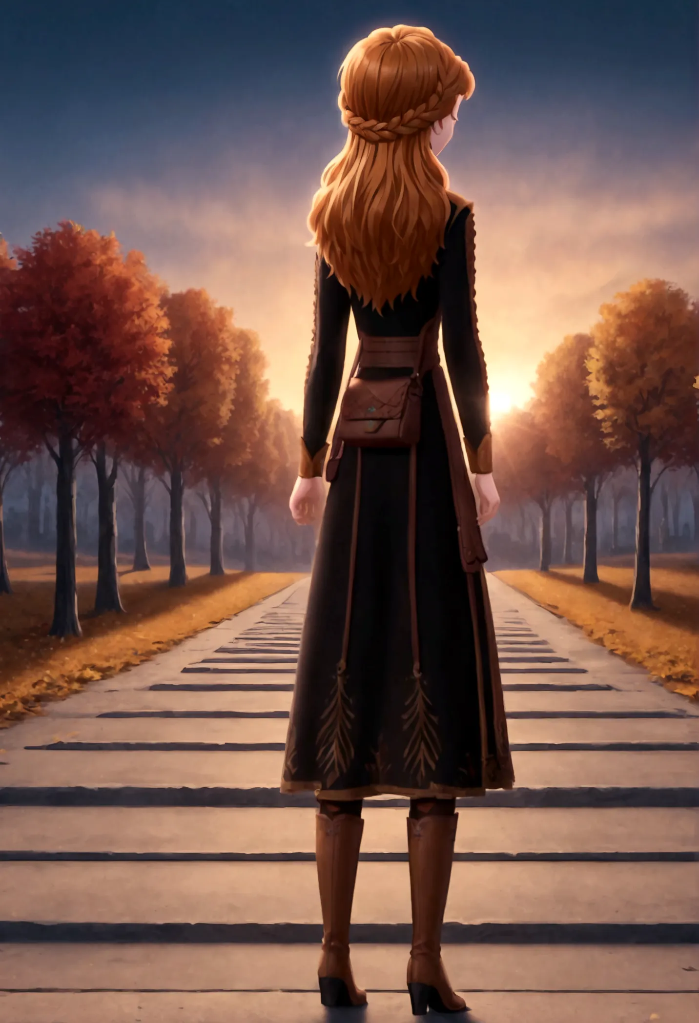 1girl, anna \(frozen\), anna of arendelle, long hair, black long-sleeved outer dress over a mustard yellow top, brown leather sa...