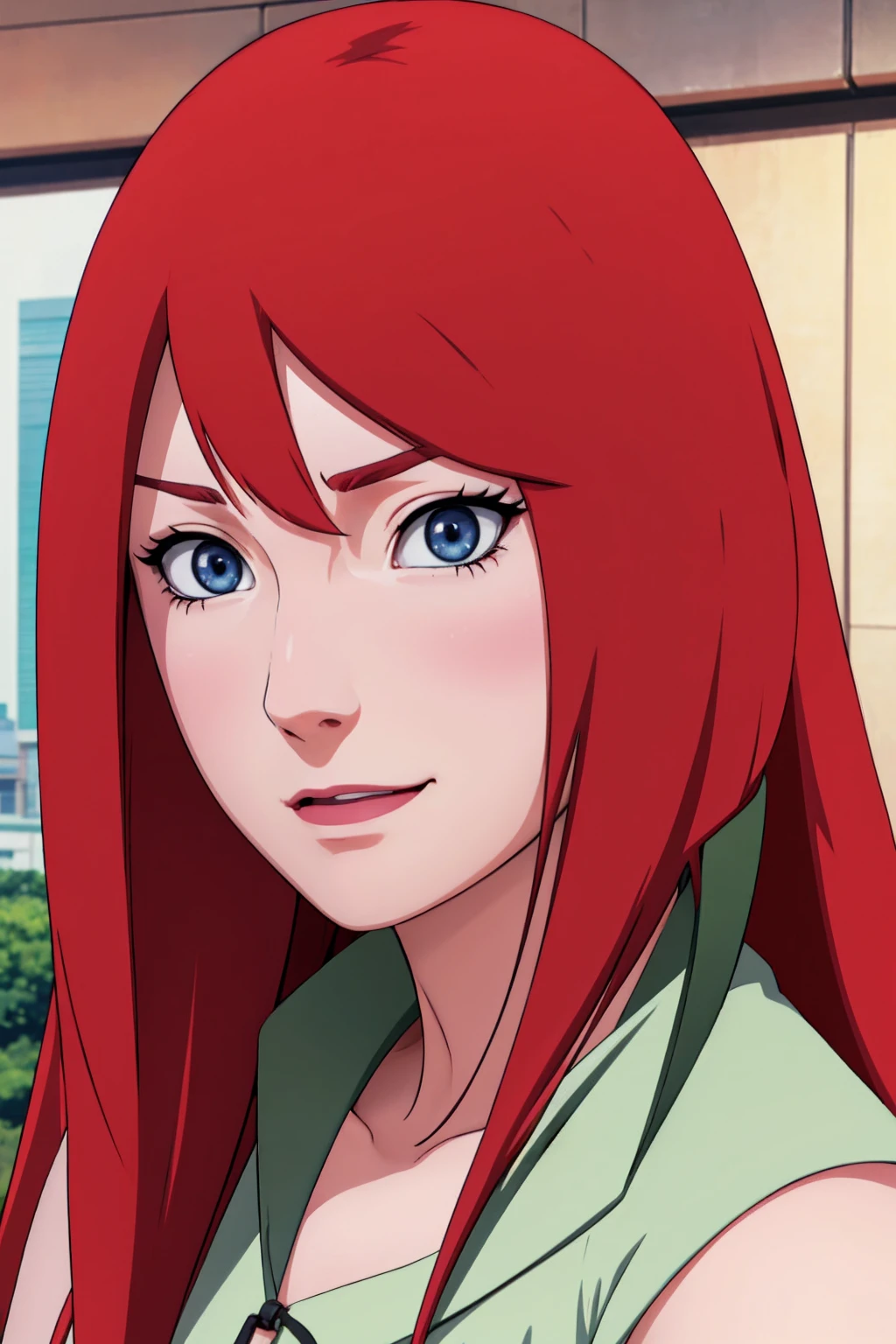 a close up of a person with long hair and a green and white dress, uzumaki kushina, uzumaku kusgiba from anime naruto shippuden, as an anime character, perfect anime face, she has red hair with bangs, female anime character, anime character, anime best girl, hime cut hairstyle, red hair, (red glossy lips:1.3), blue eyes, smile, big , realistic, ultra detail, city background, (beautiful face:1.3)