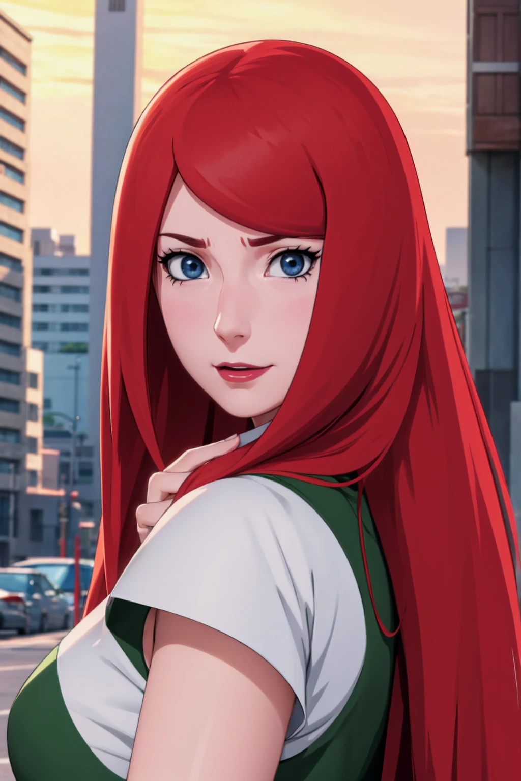 a close up of a person with long hair and a green and white dress, uzumaki kushina, uzumaku kusgiba from anime naruto shippuden, as an anime character, perfect anime face, she has red hair with bangs, female anime character, anime character, anime best girl, hime cut hairstyle, red hair, (red glossy lips:1.3), blue eyes, smile, big , realistic, ultra detail, city background, (beautiful face:1.3)