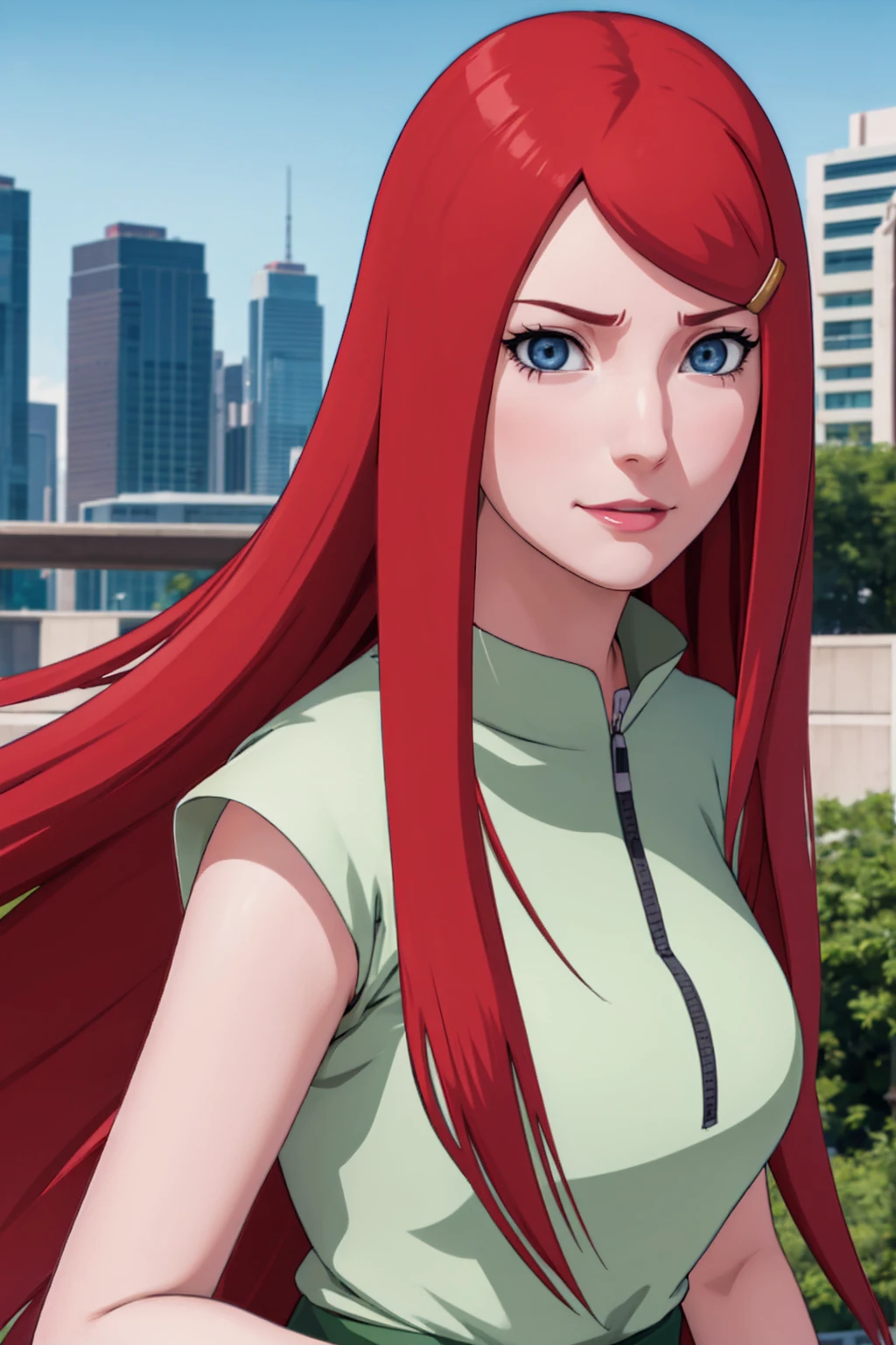 a close up of a person with long hair and a green and white dress, uzumaki kushina, uzumaku kusgiba from anime naruto shippuden, as an anime character, perfect anime face, she has red hair with bangs, female anime character, anime character, anime best girl, hime cut hairstyle, red hair, (red glossy lips:1.3), blue eyes, smile, big , realistic, ultra detail, city background, (beautiful face:1.3)