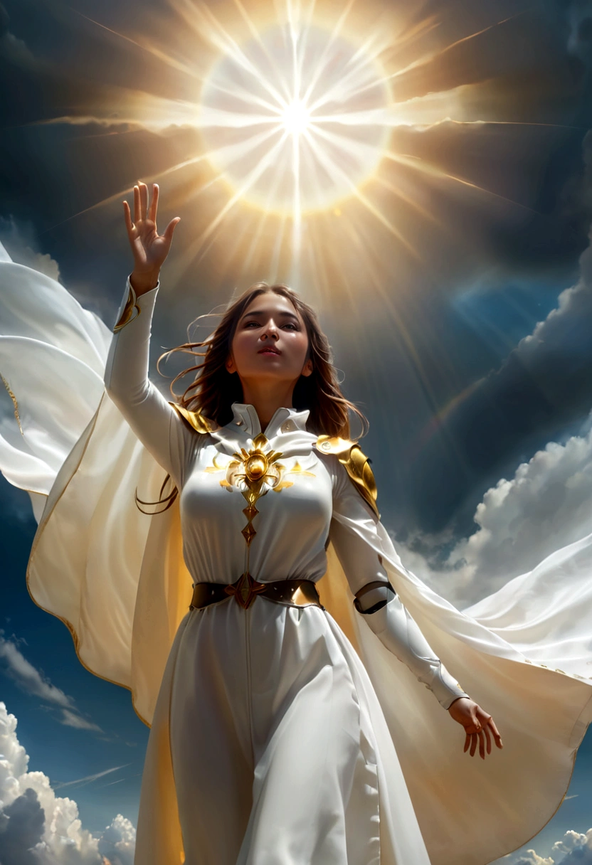 1girl, glowing face of light, shining as sunrays, glowing hands, blowing white cloak, full body,  standing-float on the clouds, hands spreading-up, iconic stance, heavenly scenery, dramatic realistic photoshot, uhd, 16k, super detailed