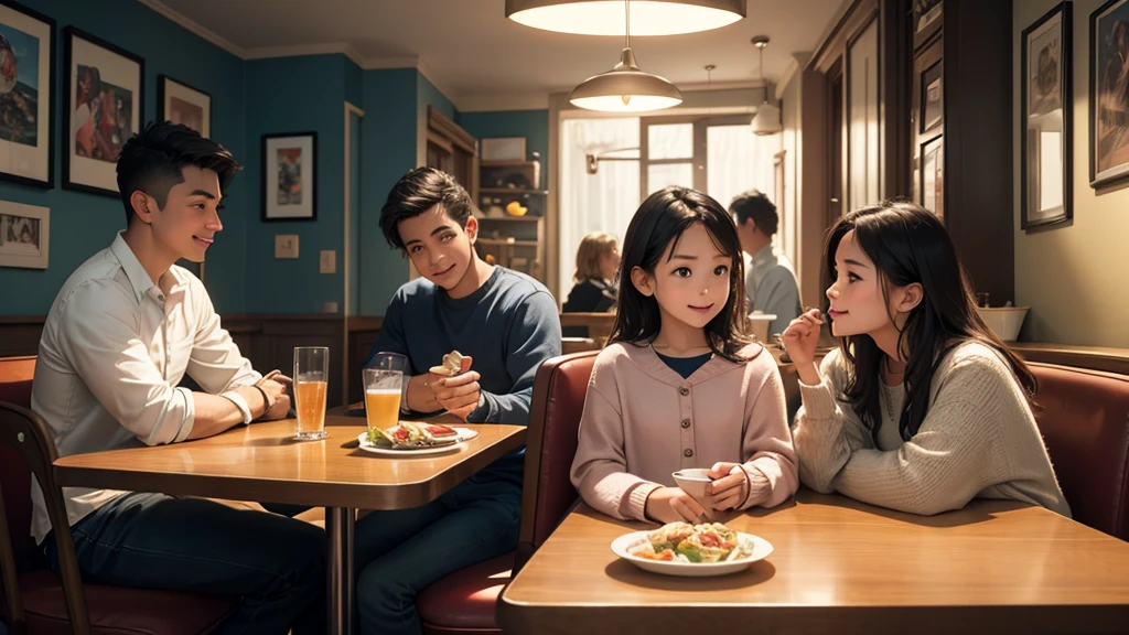 A happy family with children, sitting at a colorful diner table, facing away from the camera, their faces not visible, (best quality,4k,8k,highres,masterpiece:1.2),ultra-detailed,(realistic,photorealistic,photo-realistic:1.37),family portrait, children, diner table, colorful interior, warm lighting, cozy atmosphere, detailed background, soft focus, cinematic composition