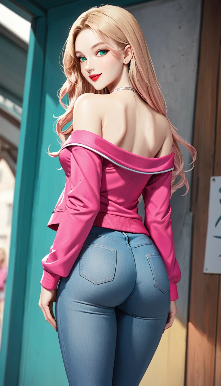 1girl, blonde hair, wavy hair, long hair, green eyes, vivid eyes, red lipstick, smiling, athletic body, small breasts, ((legs)), jeans, (((pink top))), ((pink jacket)), back view, buttocks, (((shot from behind)))