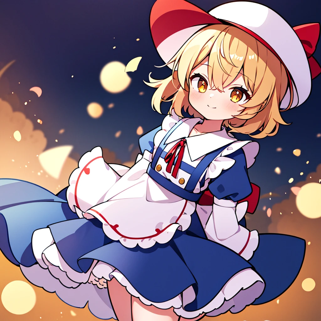 masterpiece, best quality, 1 girl, , , 20 years old, white hat, red ribbon, middle blonde hair, golden eyes, short puffy sleeves, white clothes, white apron, blue skirt, blue ruffles, collarbone, gentle smile, Kana Anaberal, Poltergeist, pinafore, open legs