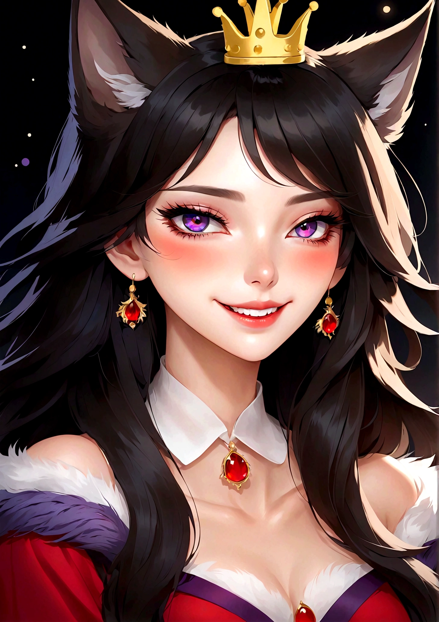 vector，flat，Clean and smooth lines，one幅美丽的插图：Big Bad Wolf:1.37.pan:1.37 Beautiful girl sitting gracefully，(((她有one个美人痣:1.37)))，Purple Eyes，Delicate lashes，Smile，Smooth skin，Black long hair，Wolf ears， Small Crown，Gorgeous red dress，温顺的Big Bad Wolf。Correct human anatomy，moonlight，one