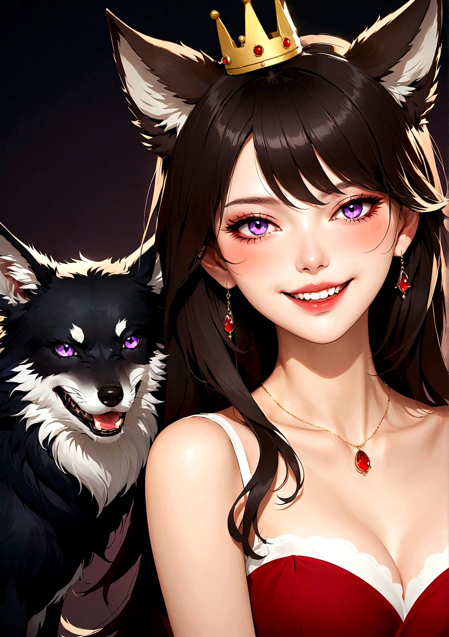 Vector，flat，Simple and smooth lines，A beautiful illustration：Big Bad Wolf:1.37.frying pan:1.37 Beautiful girl sitting elegantly，(((She has a beauty spot:1.37)))，Purple Eyes，Delicate lashes，Smile，Smooth skin，Long black hair，Wolf ears， Small Crown，Gorgeous red dress，温顺的Big Bad Wolf。Correct human anatomy，moonlight，bat