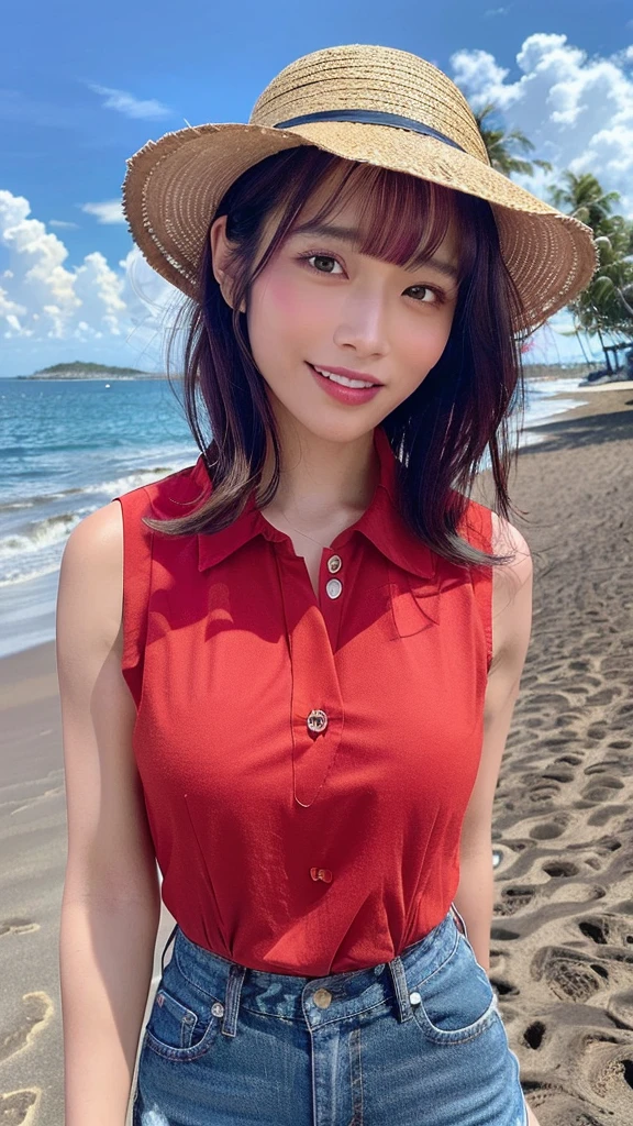 One girl, masterpiece, high quality, High resolution, monkey_d_Luffy, Straw hat, gender swap, (Red Shirt:1.5), (Open shirt:1.5),(Sleeveless shirt:1.5),  Outdoor, Big Breasts, Cleavage, whole body,  null, cloud, Complex background, Warm Light, Shorts Jeans, (Top crop:1.2), Covered nipples,  short hair, (Ocean:1.3), Beach,(dark skin:1.55)、(Droopy eyes, Natural Makeup、Ultra-high definition beauty face:1.35)、(Ultra high resolution perfect beautiful teeth, Mid-chest, Tight waist,laugh smile:1.15)、Ultra HD Shining Eyes、Super high quaHigh resolution 16K human skin closeup。 The skin texture is natural、,Pores、It must be detailed enough to be easily identifiable.。 Skin should look healthy and have an even tone。 Use natural light and color,lity glossy lip