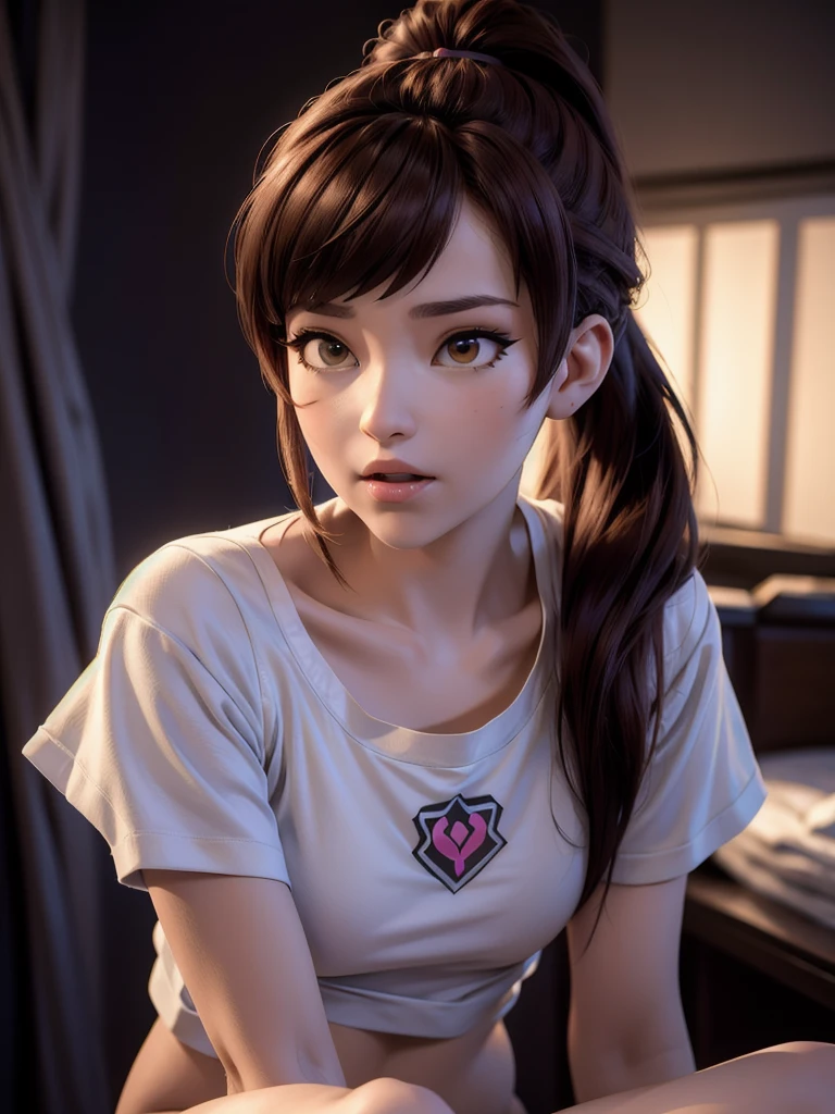 (Dva de Overwatch) sin su robot, una mujer con cabello castaño corto en un (cola de caballo),ella se sienta en su cama con las piernas abiertas, reflexiones de alta calidad, iluminación volumétrica, ella lleva un pantalón corto suelto ( camiseta corta blanca hielo), mangas muy cortas, en su dormitorio en su cama, 1 girl solo, cinematográfico lighting, Alta resolución, renderizado basado físicamente, 8K, iluminación volumétrica, Híper realista, rasgos faciales detallados, obra maestra, parte superior del cuerpo completa, gaming setup in background, cinematográfico, puedes ver el fabric of the shirt and the knits very detailed,(ella tiene senos muy pequeños), (NSFW), La atención se centra en todo su cuerpo y el medio ambiente., cinematográfico screenshot, puedes ver el (Toda la habitación) y ella sentada en la cama, ella usa ropa interior ya que pronto se va a dormir