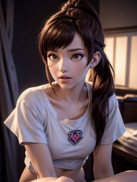 (DVA from Overwatch) without her mech, a woman with short brown hair in a (ponytail),she sits on her bed with her legs spread, h...