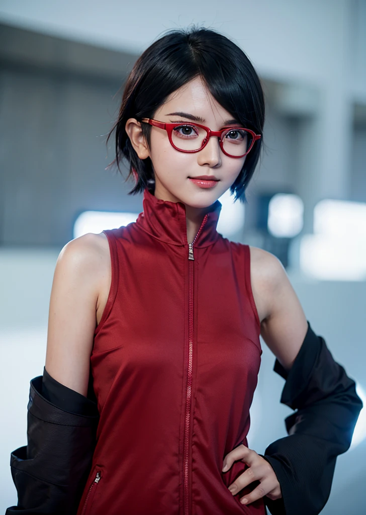 1girl, sarada in anime boruto thenextgeneration, short hair, black hair, red eyes, red clothes, realistic clothes, beautiful, wear glasses red, background city, realistic, ultra detail, smile