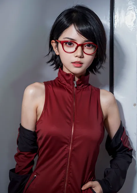 1girl, sarada in anime boruto thenextgeneration, short hair, black hair, red eyes, red clothes, realistic clothes, beautiful, we...
