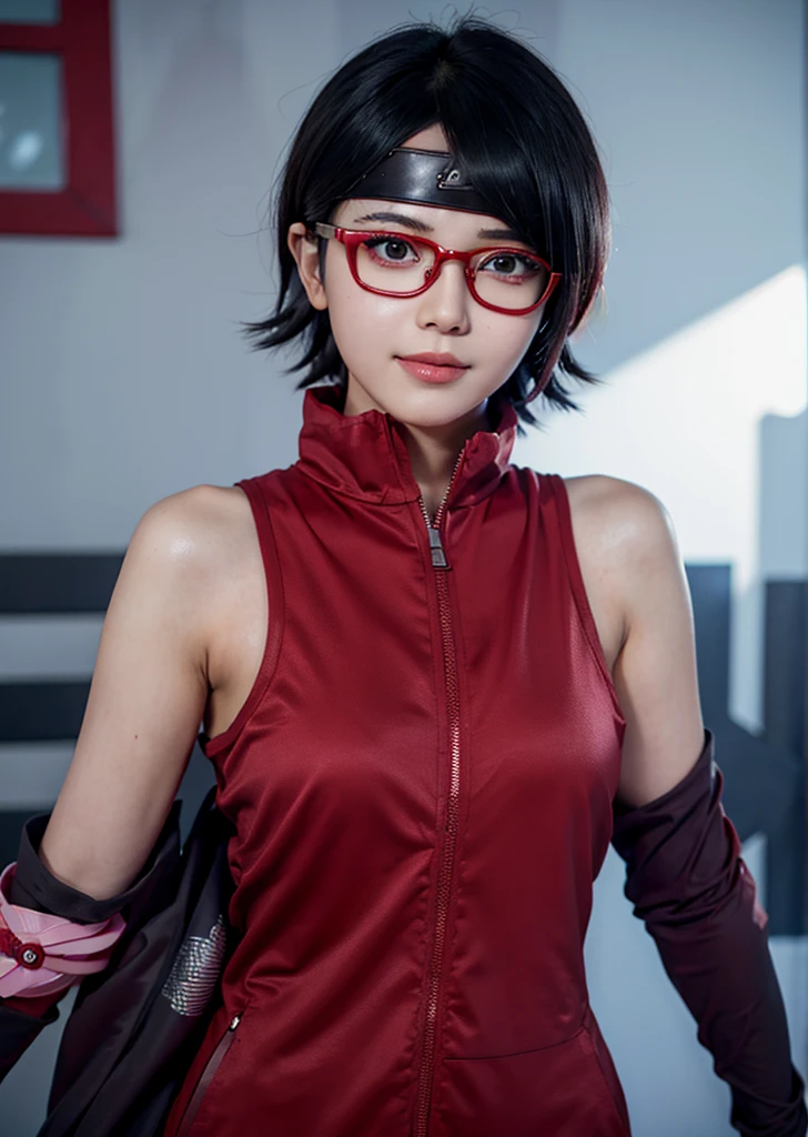 1 garota, sarada no anime boruto thenextgeneration, cabelo curto, Cabelo preto, olhos vermelhos, Roupas vermelhas, realista clothes, lindo, usar óculos vermelhos, cidade de fundo, realista, ultra detalhe, sorriso