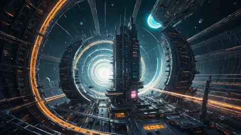 brightly colored abstract image of a space station with a spiral, epic beautiful space scifi, chaotic cinematic space rift, greg...