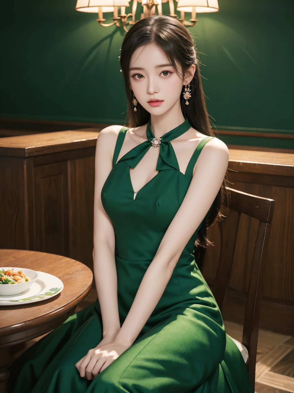 Anime girl wearing green dress sitting at table holding plate of food, Bowwater(Bowater)In the art style of, elegant digital art, Charming Tifa Lockhart, she wears a dark green dress, Inspired by Ma Yuanyu, Inspired by Sima Jeong, my dress up self animation, tattered green dress, Portrait of Blackpink Jisoo