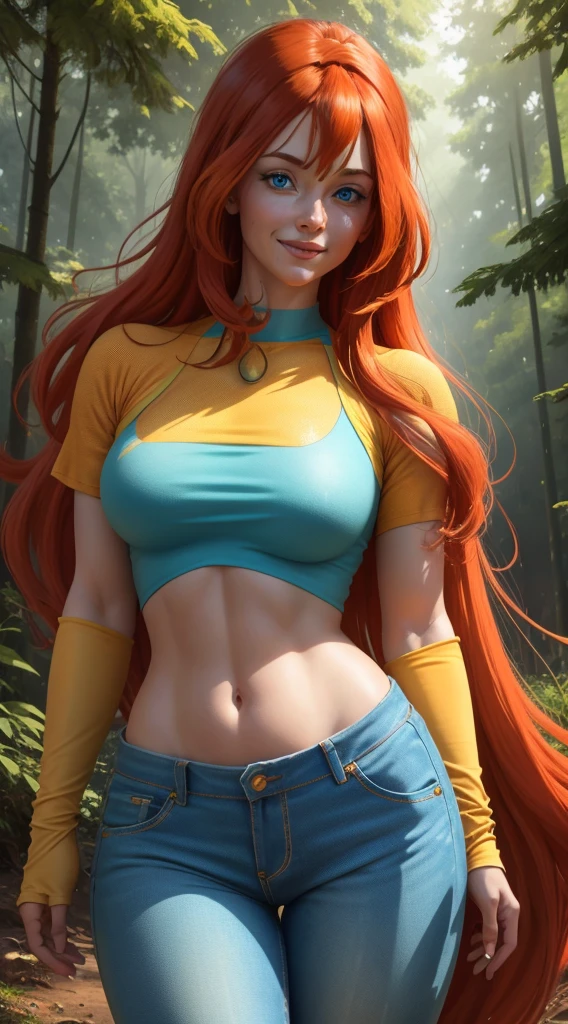 masterpiece, best quality, ultra-detailed, Bloom, milf, mature face, tall, thick, orange hair, blue eyes, bangs, long hair, Casual Outfit, croptop, blue tshirt, yellow short sleeves, skinny jeans, pants, standing, smile, in the forest, cowboy shot, realistic, volumetric lighting, intricate details, tonemapping, sharp focus, hyper detailed,