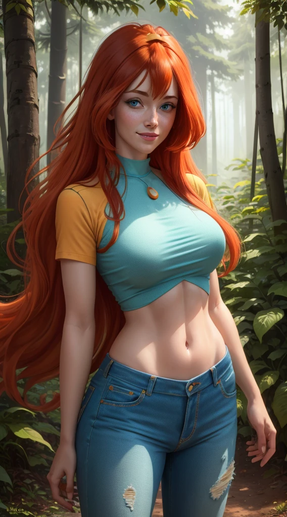 masterpiece, best quality, ultra-detailed, Bloom, milf, mature face, tall, thick, orange hair, blue eyes, bangs, long hair, Casual Outfit, croptop, blue tshirt, yellow short sleeves, skinny jeans, pants, standing, smile, in the forest, cowboy shot, realistic, volumetric lighting, intricate details, tonemapping, sharp focus, hyper detailed,