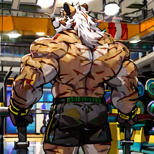 solo, 1boy, huge muscular old grizzly bear wearing glasses , pectoral, huge pectoral, wide pectoral, short white hair, short pan...