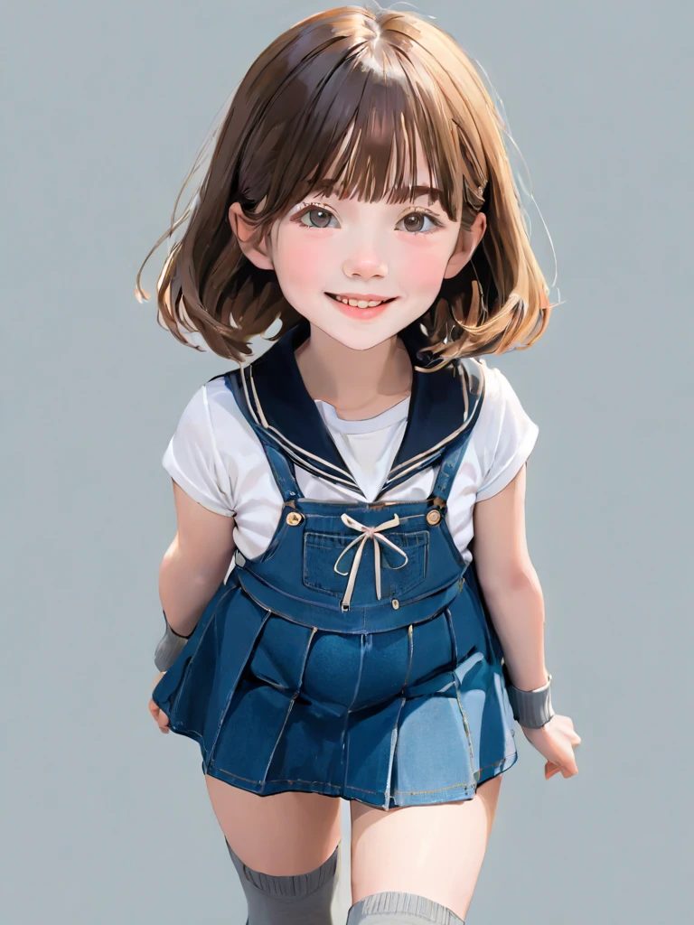 4K, masterpiece, 8k, high quality, 最high quality,A cute 10 year old student, Very white skin, Long brown hair，a bit Low length， freckles， Thin eyebrows， Straight Bangs，(Flat Chest)， feminine, freckles, Tilt, elegant, elegant, cute, smile, cute, Hilarious, belly button, Denim Low Rise Mini Skirt, and midriff-baring sleeveless shirt, ((Black knee socks)), (Ugly clothes)、((Gray background)) kindergartner, hyper-pregnant, exposed big belly