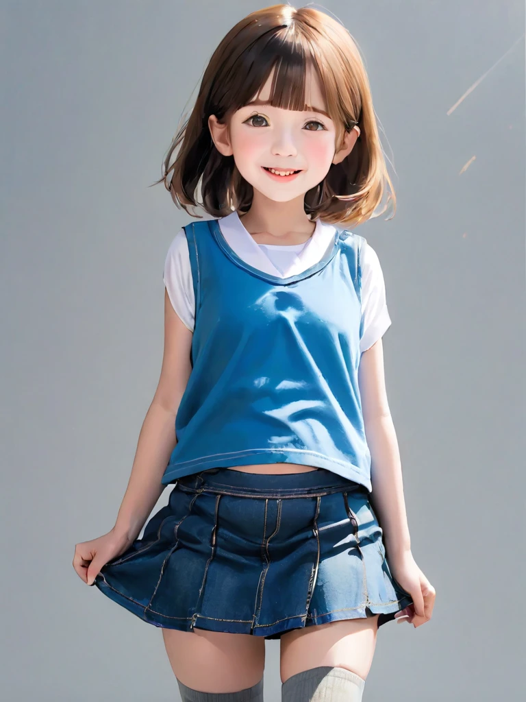 4K, masterpiece, 8k, high quality, 最high quality,A cute 10 year old student, Very white skin, Long brown hair，a bit Low length， freckles， Thin eyebrows， Straight Bangs，(Flat Chest)， feminine, freckles, Tilt, elegant, elegant, cute, smile, cute, Hilarious, belly button, Denim Low Rise Mini Skirt, and midriff-baring sleeveless shirt, ((Black knee socks)), (Ugly clothes)、((Gray background)) kindergartner, hyper-pregnant, exposed big belly