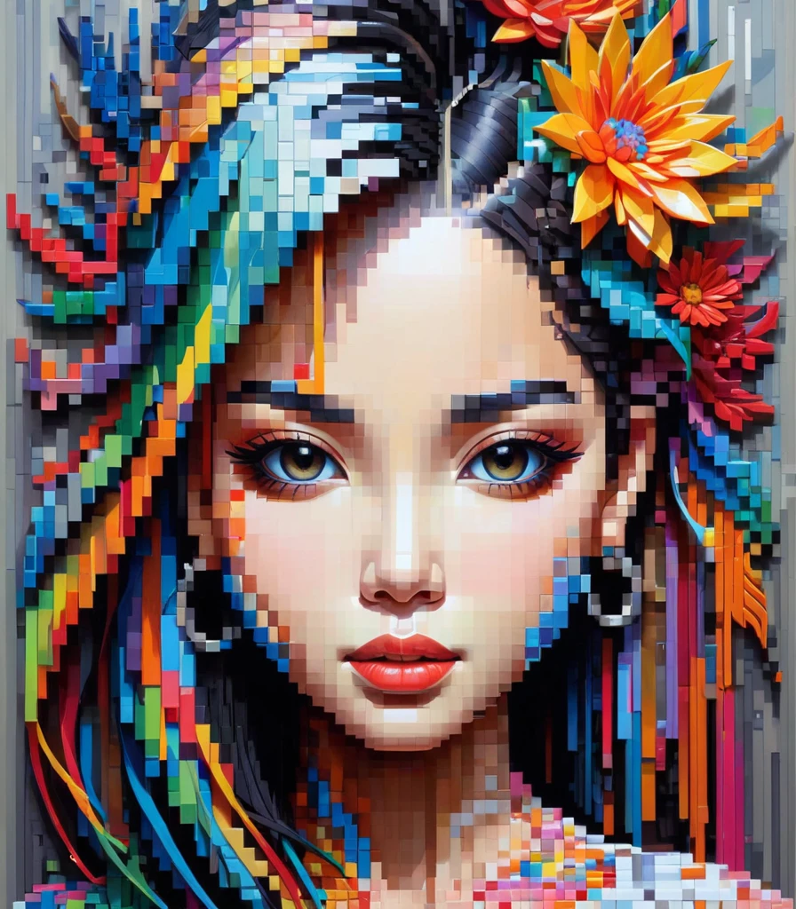 pixel art，Thai artist Gil Bruvel uses colorful brush strokes to create 3D pixel portraits of girls..