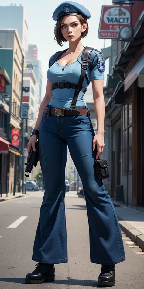 Jill Valentine, masterpiece, best quality, 1girl, solo, standing, jillre1, beret, uniform, shoulder pads, short sleeves, harness...