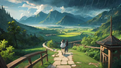 LANDscape, beautiful view, anime, rain