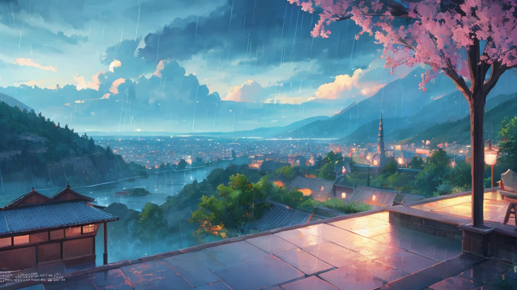 paisagem, vista bonita, anime, chuva