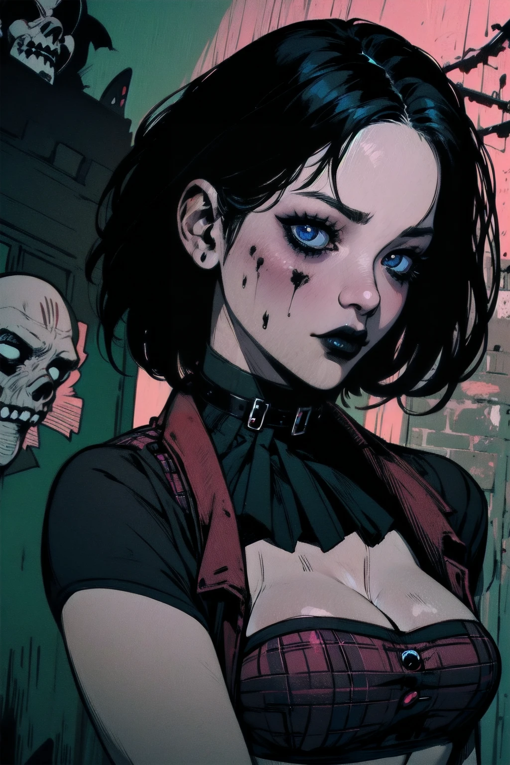 a woman with short black hair, hair on shoulders, wearing a black cropped and plaid skirt, blue eyes, zombie art, gothic art, cute aesthetic with vibe, toon aesthetic, wearing red costume, wearing gothic accessories, look like Cassie Hack, upper body, backwards, looking back, castle background