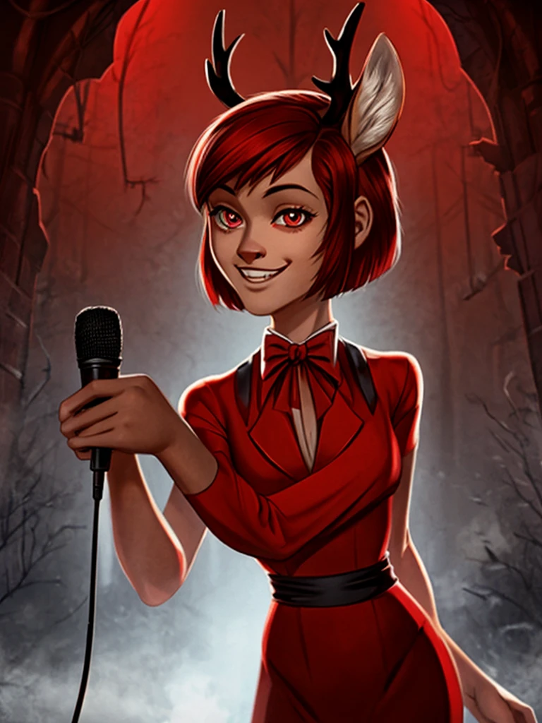  (best quality, masterpiece:1), solo, furry male, androgynous, anthro, read eyes, short hair, red hair, bob haircut, portrait, looking at viewer, deer,  creepy, scary, powerful, spooky, deer, male, face focus, thin body, thin waist, large shoulders, red suit, bow tie, red color scheme, hell, demon, radios, 1930's, 1930's style, 1930's style outfit, holding a red old microphone, (smile), (large smile), full body, karen haircut, graduated bob haircut, longer hair in the front shorter in the back, human face, realistic fur, 