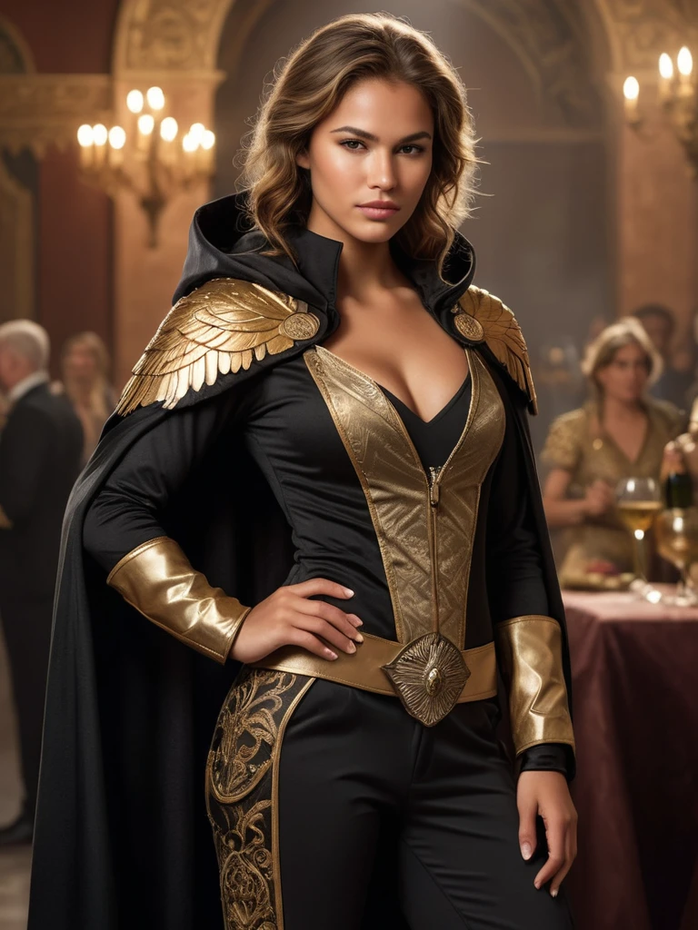 An ultra-realistic, award-winning photograph of a simply beautiful tanned light-brown-haired young warrior girl, with a covered ample bust, the perfect nose, the perfect face, and brown eyes. She is wearing a form-fitting marble gold, and black high-collar hooded tail jacket with black trousers, pronounced ornate golden shoulder guards, and golden bracers, with two sheaths on her lower back. She wears an eagle mask that shows her eyes. She is showing a little skin, and standing confidently with a wine glass in hand, with a banquet as her backdrop. The young girl is a nervous Shulamite and a traitorous double agent with no life experience. The image exudes a sense of physical prowess and betrayal, captured in a moment of unyielding determination. Taken with expert precision, this smooth and intricately detailed photograph promises to leave an indelible impression.