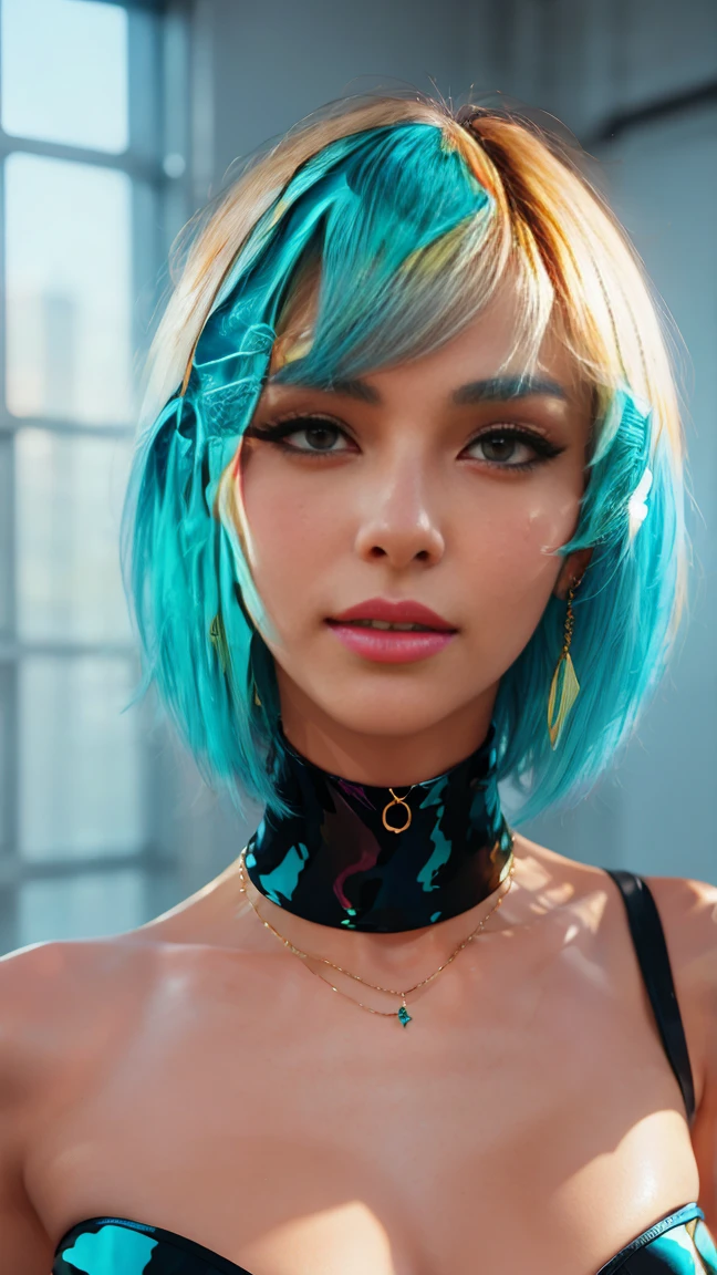 female idol、nude lip gloss、smiling face、smoky eyeshadow、winged eyeliner、dramatic lashes、(((face closeup)))、shiny very large earrings（neon cyan)、shiny very large necklace（neon cyan)、(shiny glossy latex brazilian string bra（neon cyan))、(shiny glossy latex brazilian string tanga（neon cyan))、clutch（neon cyan)、((colorful short hair（neon cyan)))、long white fluffy fur coat with white fluffy fur（bright white)、conceptual art, High quality, Realistic, extremely detailed CG unified 8k wallpaper, highly detailed, High-definition raw color photos, professional photography, Cinematic Light, Beautiful detailed, Super Detail, high detail, (((Bokeh))), depth of fields, illumination, Neon Street, Super stylish lighting